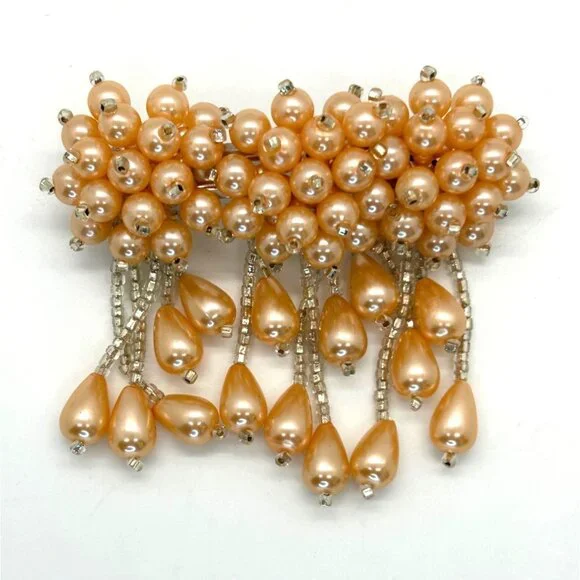 Vintage Hair Barrette Faux Pearl Apricot Peach Pastel Orange Bridal Formal Prom - Picture 2 of 13